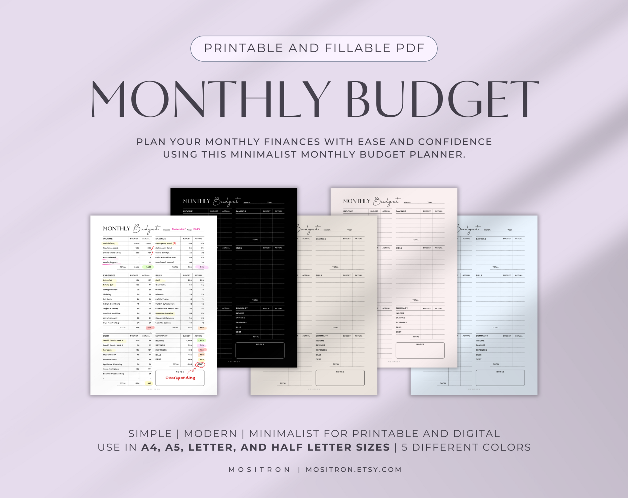 Monthly Budget Planner PDF for Digital & Printable | Minimalist, Fillable, GoodNotes Compatible (A4, A5, Letter, Half Letter Format)