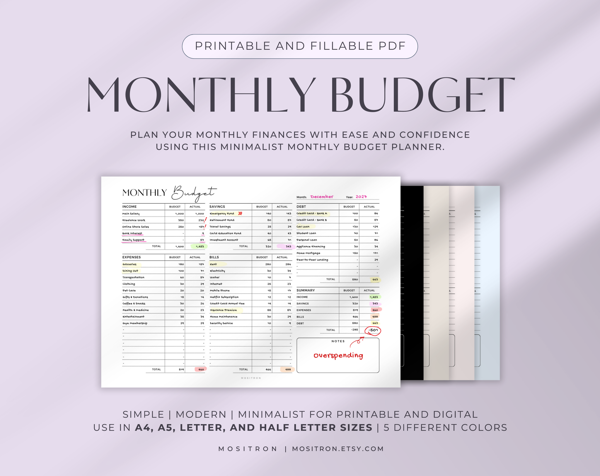Horizontal Monthly Budget Planner PDF for Digital & Printable | Landscape | Minimalist, Fillable, GoodNotes | A4, A5, Letter, Half Letter
