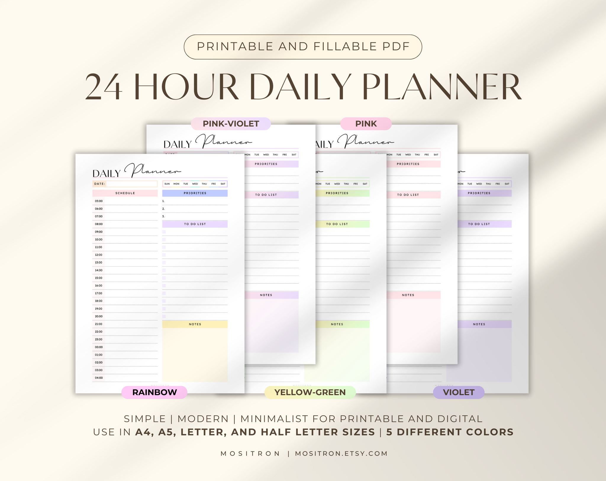 Pastel 24 Hour Daily Planner PDF, Printable Daily Planner, 5 Pastel Color Palettes, Minimalist PDF Planner A4 A5 Letter Sizes