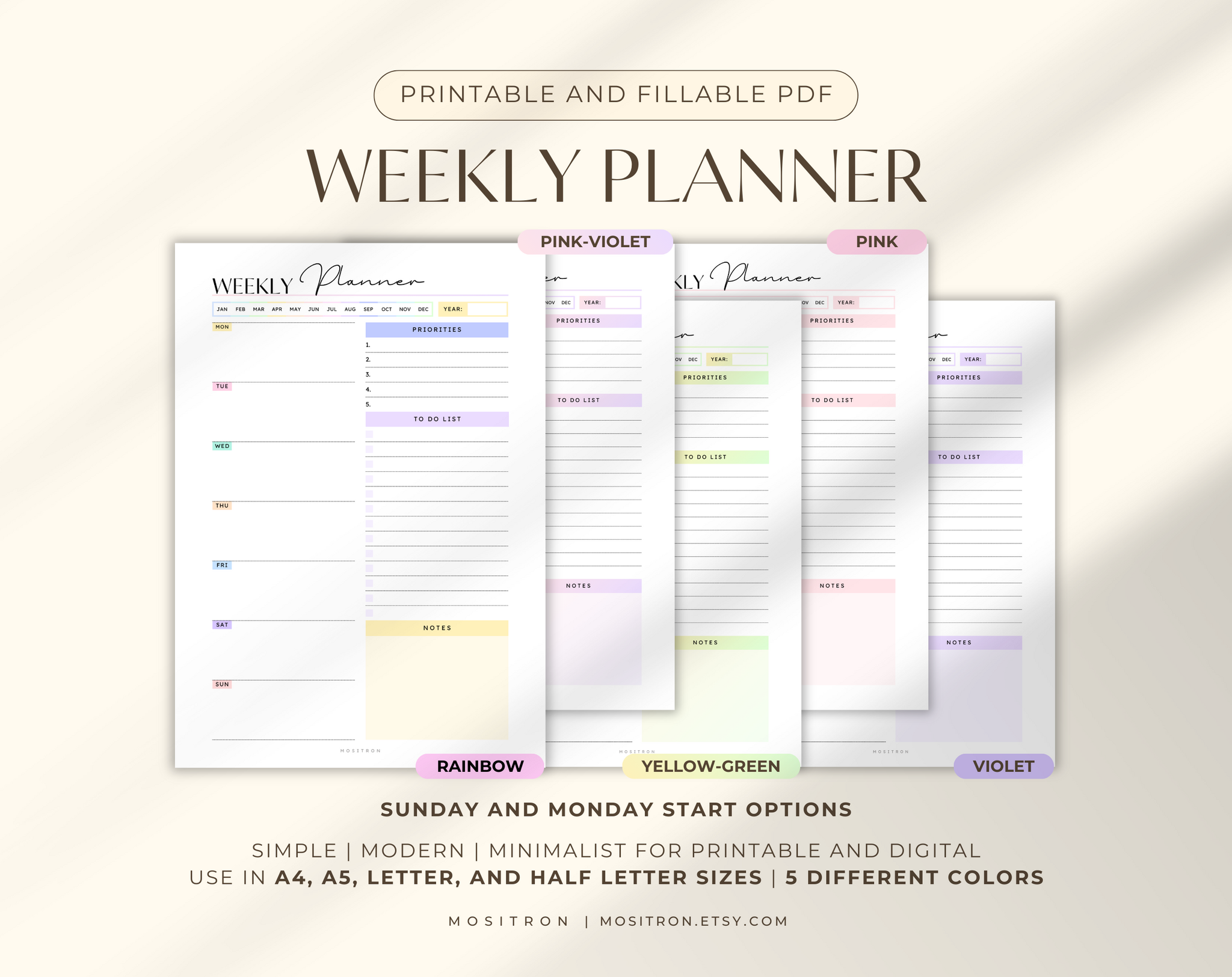 Undated Digital Weekly Planner PDF, Printable Planner, iPad Calendar, 5 Pastel Color Palettes, Minimalist Design, A4 A5 Letter Sizes