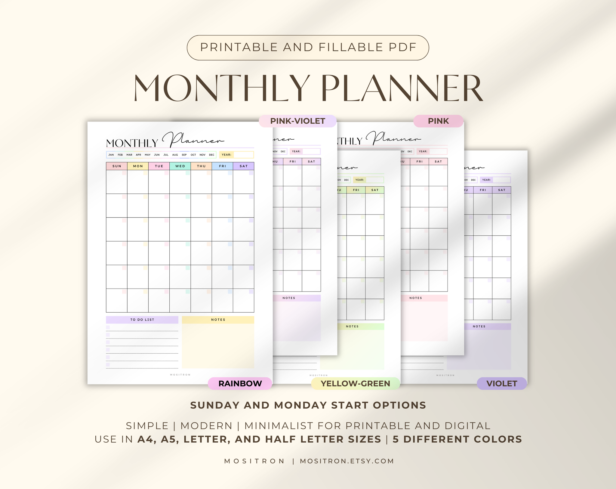 Undated Digital Monthly Planner PDF, Printable Monthly Calendar, iPad Planner, 5 Pastel Color Palettes, Minimalist Design, A4 A5 Letter Sizes