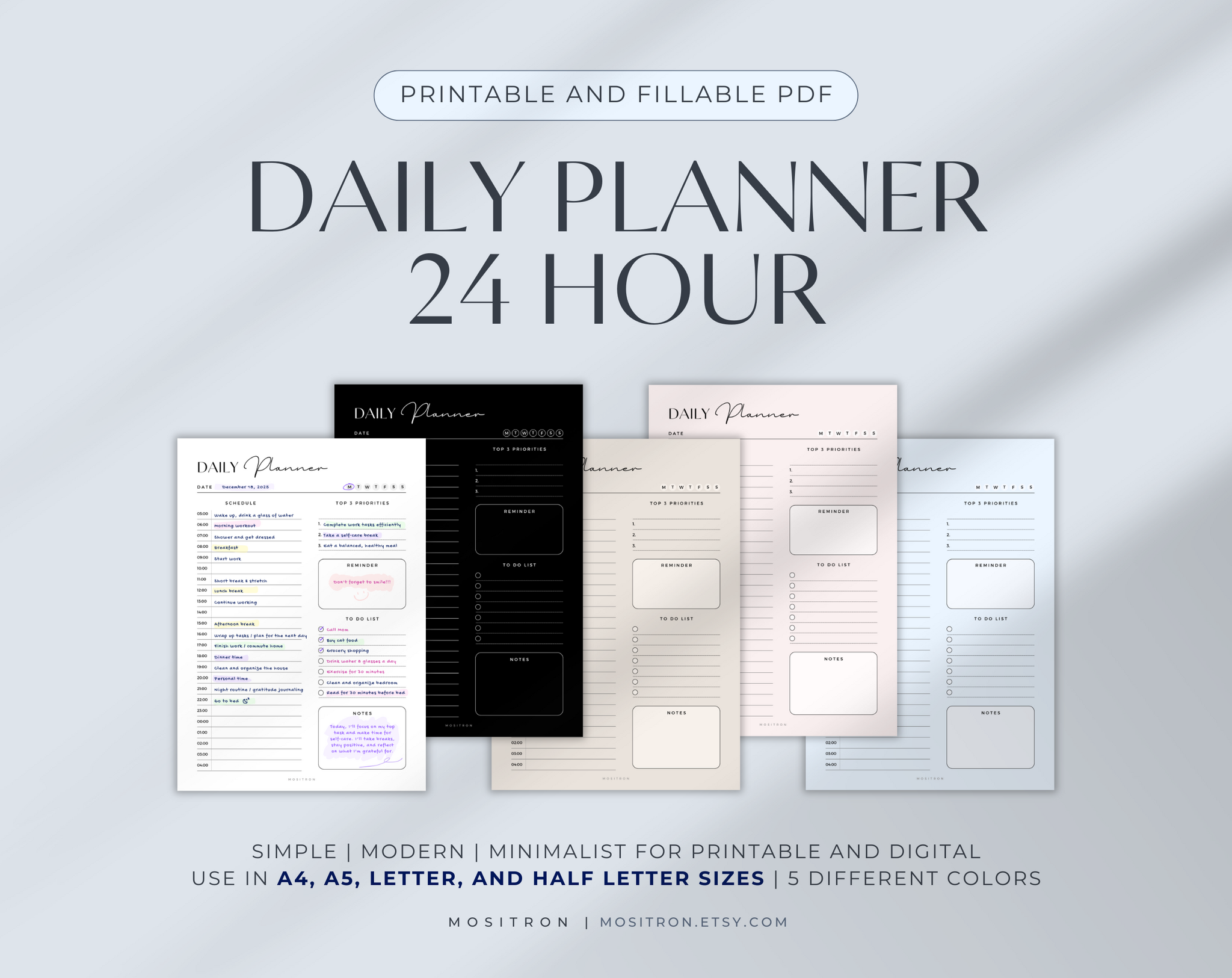 24 Hour Daily Planner, Printable & Fillable PDF, Minimalist Daily Schedule, Personal Planner, A4 A5 Letter Half Letter, Digital Download