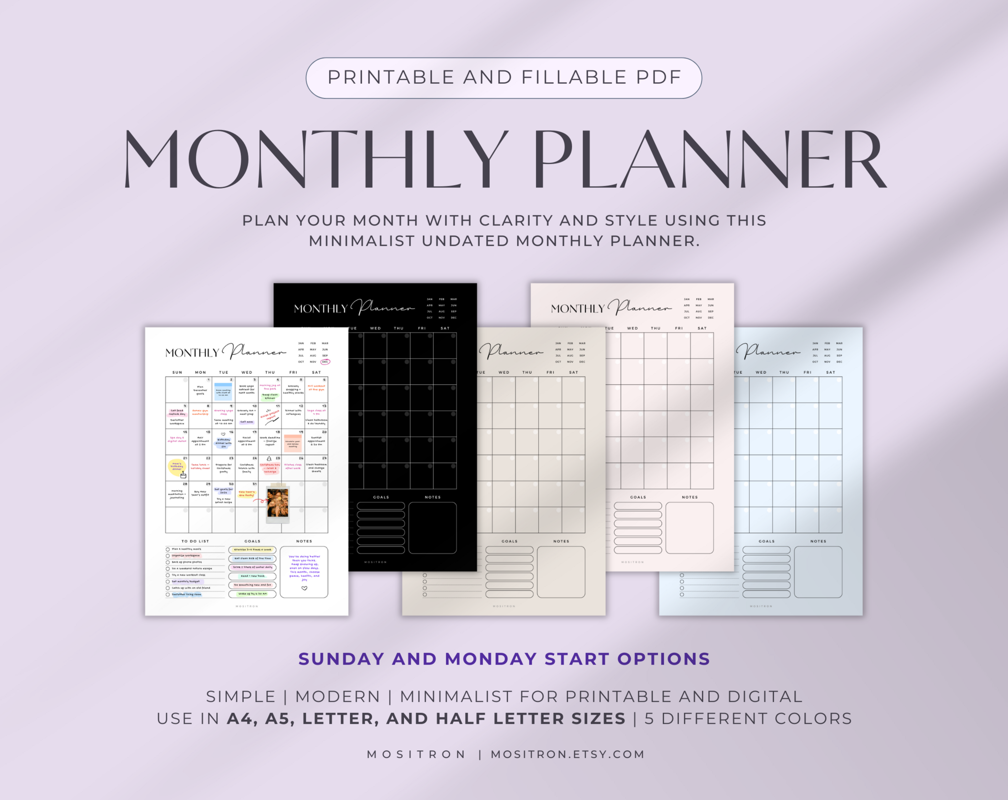 Digital Monthly Planner, Undated Monthly Calendar PDF, iPad Minimalist Monthly Planner, GoodNotes, Printable, Fillable, A4 A5 Letter Planner