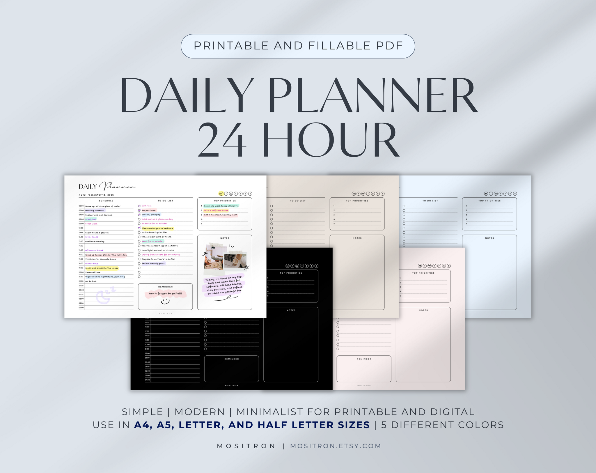 24 Hour Horizontal Daily Planner, Minimalist Layout, Printable & Fillable PDF, Digital Schedule Template, A4 A5 Letter Sizes