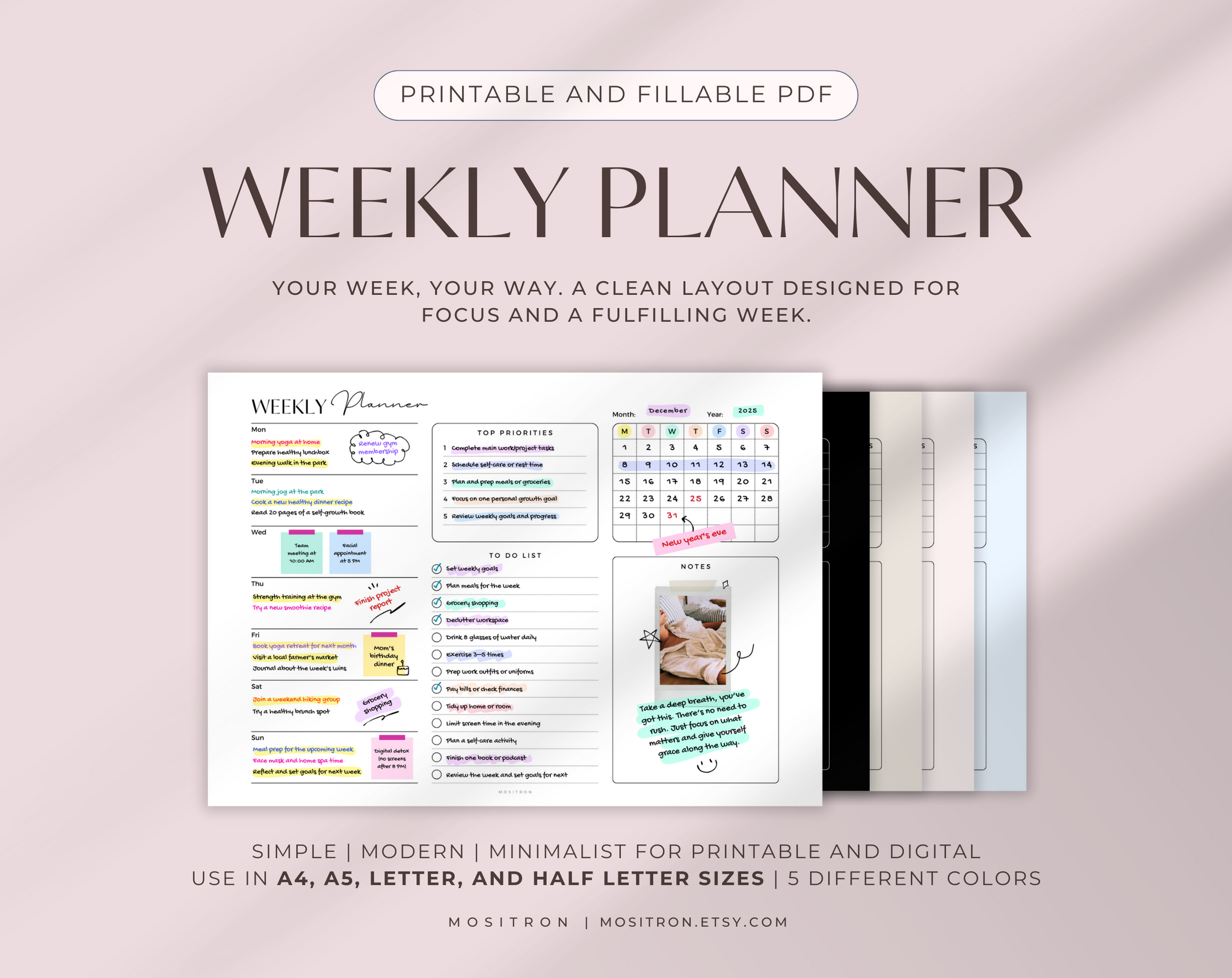 Weekly Planner Printable PDF, Minimalist Digital, Fillable Horizontal Weekly Schedule, A4 A5 Letter