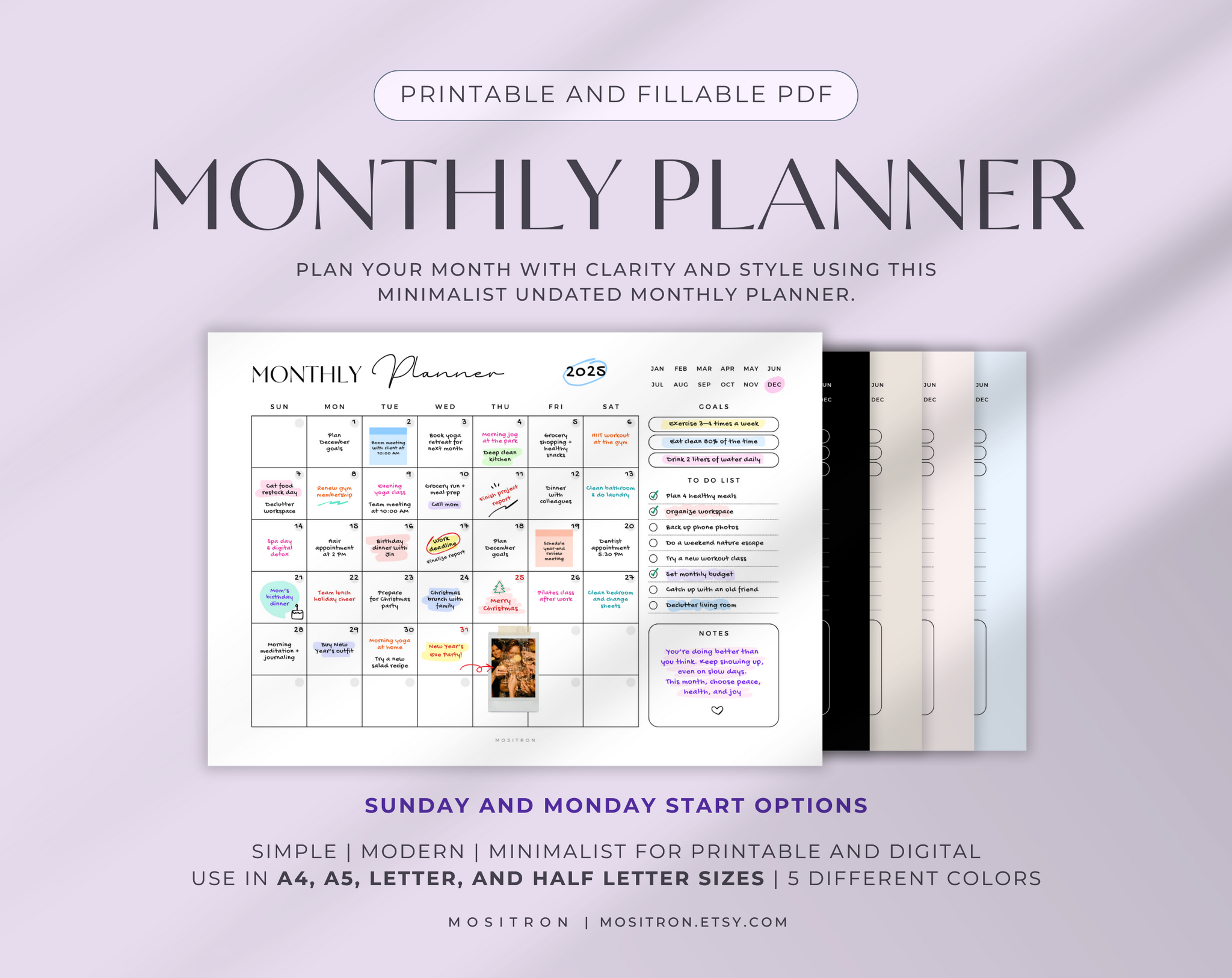 Horizontal Undated Monthly Planner PDF | Minimalist Digital Calendar for iPad, GoodNotes, Printable