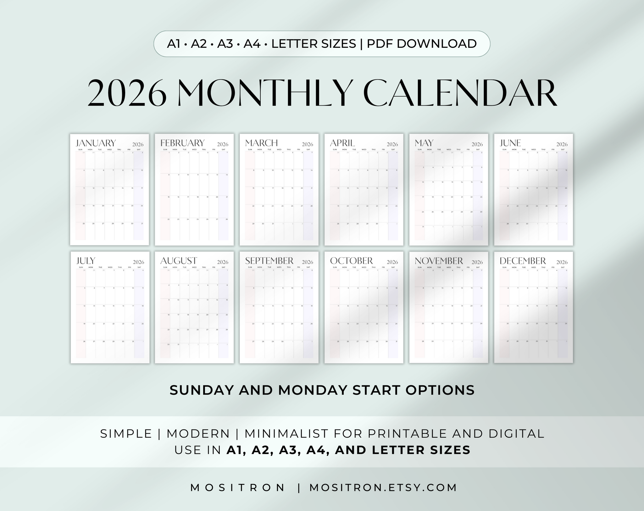 2026 Monthly Wall Calendar | 2026 Printable Calendar | Large Wall Calendar | Monday Sunday Start | A1 A2 A3 A4 Letter | Minimalist Pastel