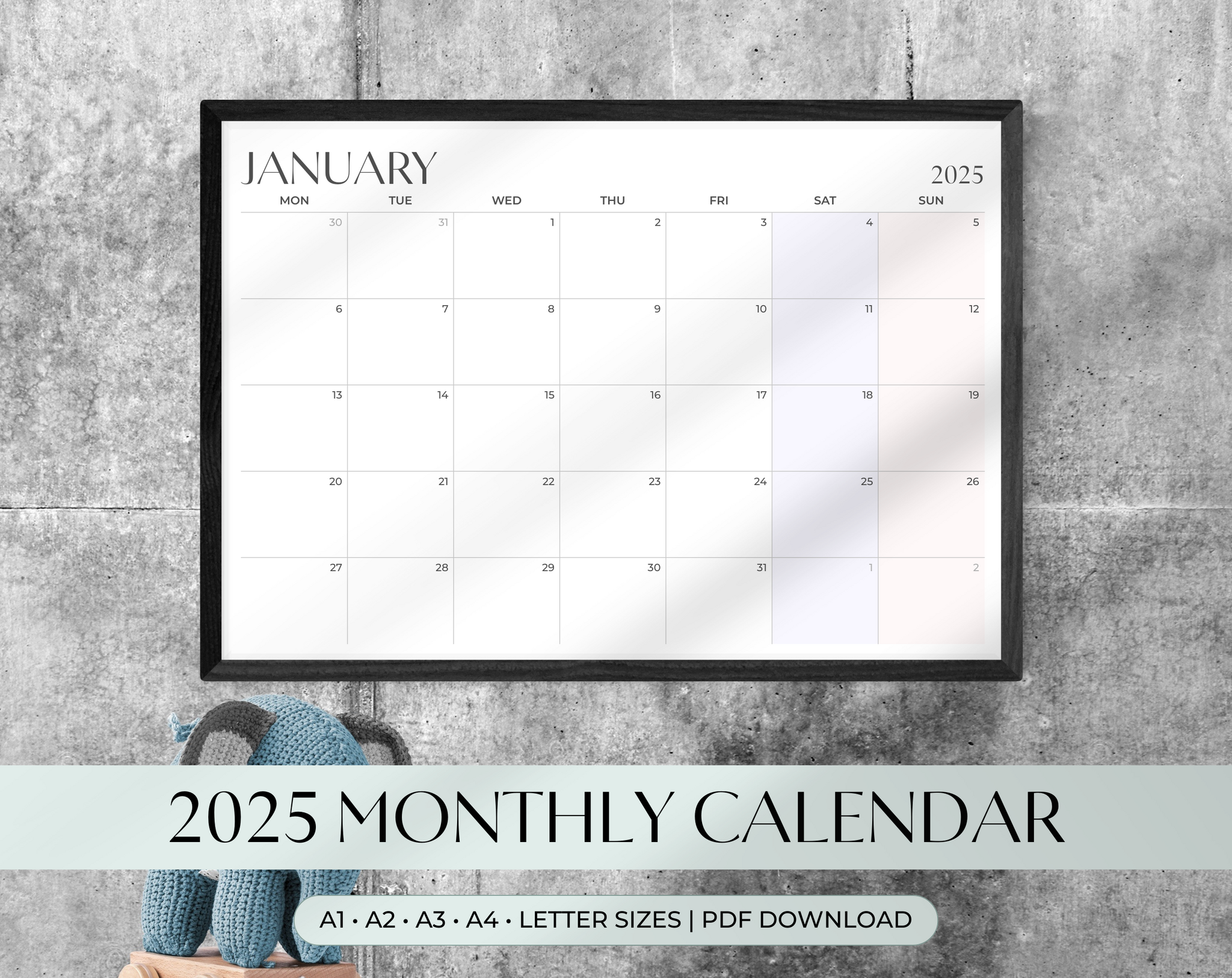 2025 Monthly Wall Calendar Landscape | Printable Horizontal Calendar | A1 A2 A3 A4 Letter | Monday & Sunday Start | Minimalist Pastel Design
