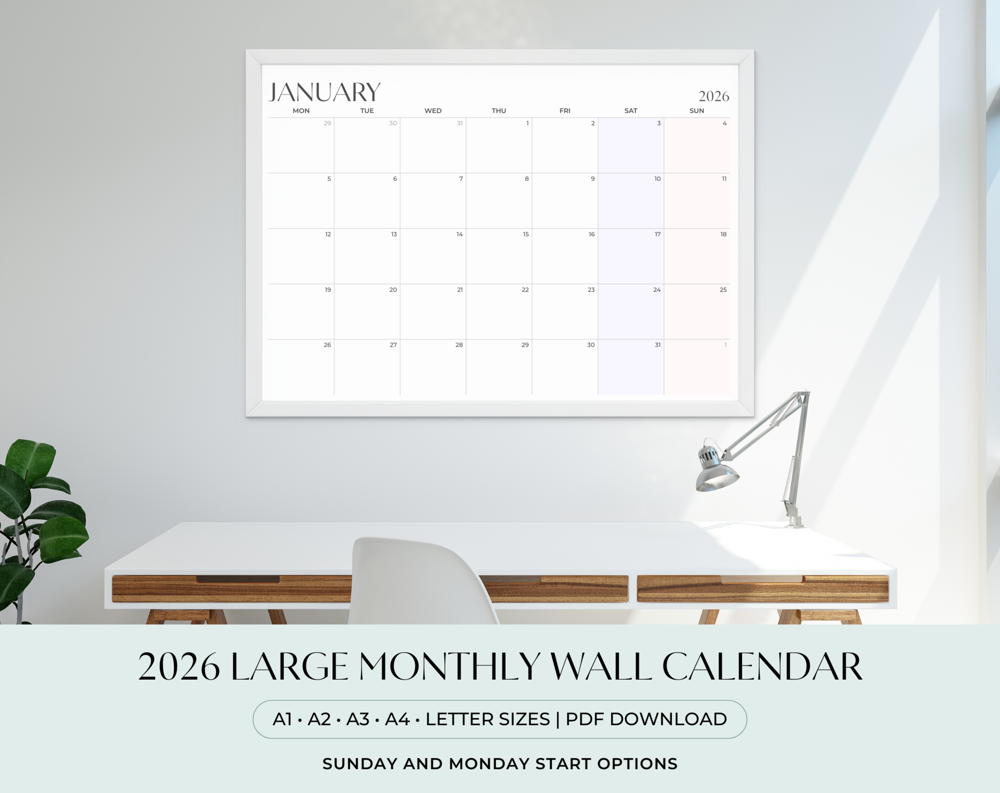 2026 Large Monthly Wall Calendar Landscape | A1 A2 A3 A4 Letter | Monday & Sunday Start | Printable Horizontal Calendar | Minimalist Pastel