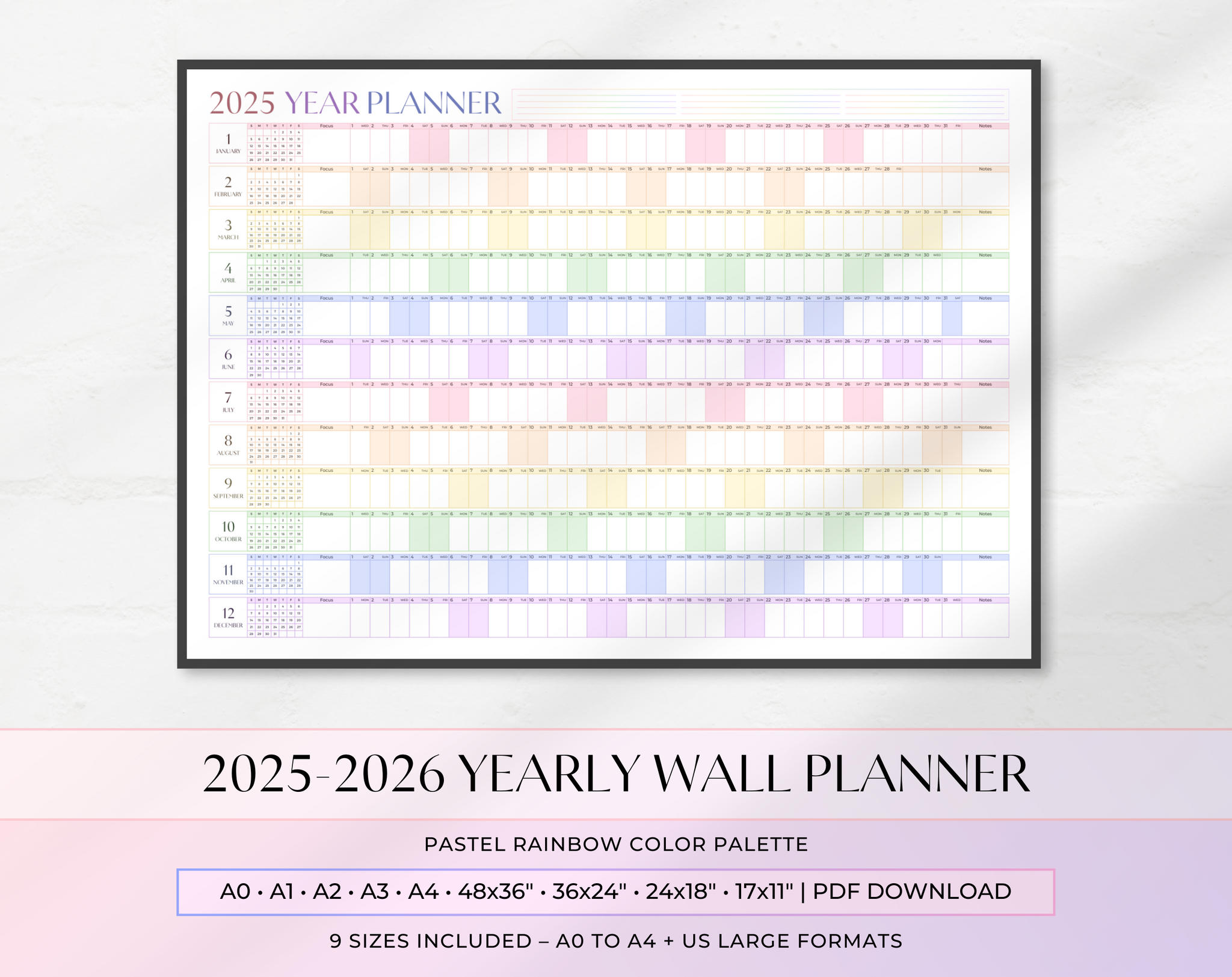 2025-2026 Yearly Wall Planner | Pastel Rainbow Color Palette | Large Wall Calendar | A0 A1 A2 A3 A4 | 48x36 36x24 24x18 17x11 | PDF Download