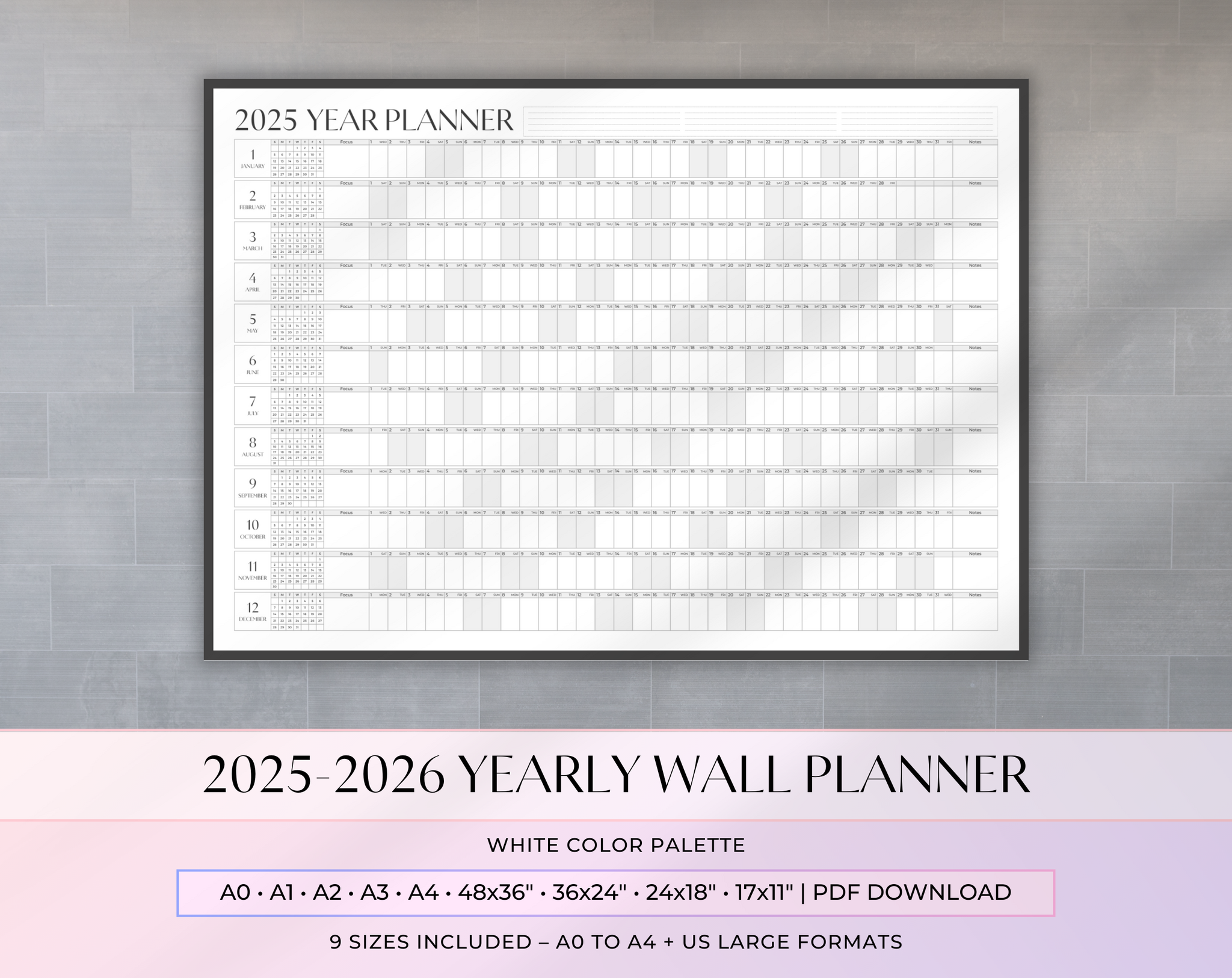 2025-2026 Yearly Wall Planner | Minimal White Color Palette | Large Wall Calendar | A0 A1 A2 A3 A4 | 48x36 36x24 24x18 17x11 | PDF Download