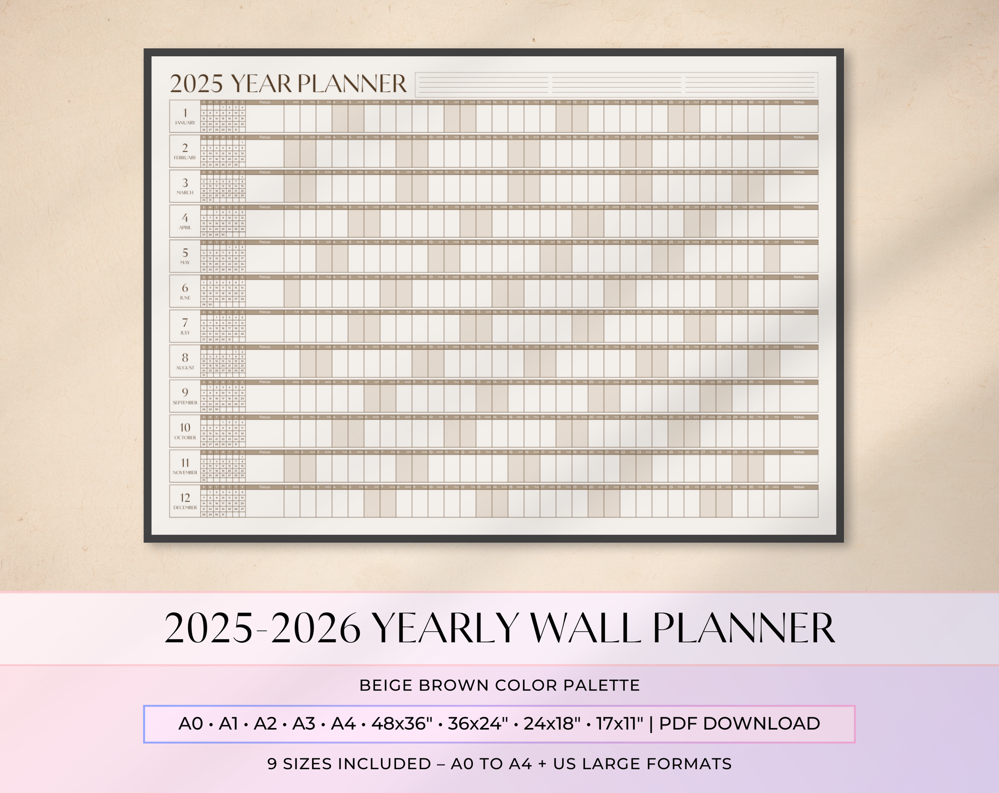 2025-2026 Yearly Wall Planner | Beige Brown Minimalist Design | Large Wall Calendar | A0 A1 A2 A3 A4 48x36 36x24 24x18 17x11 | PDF Download