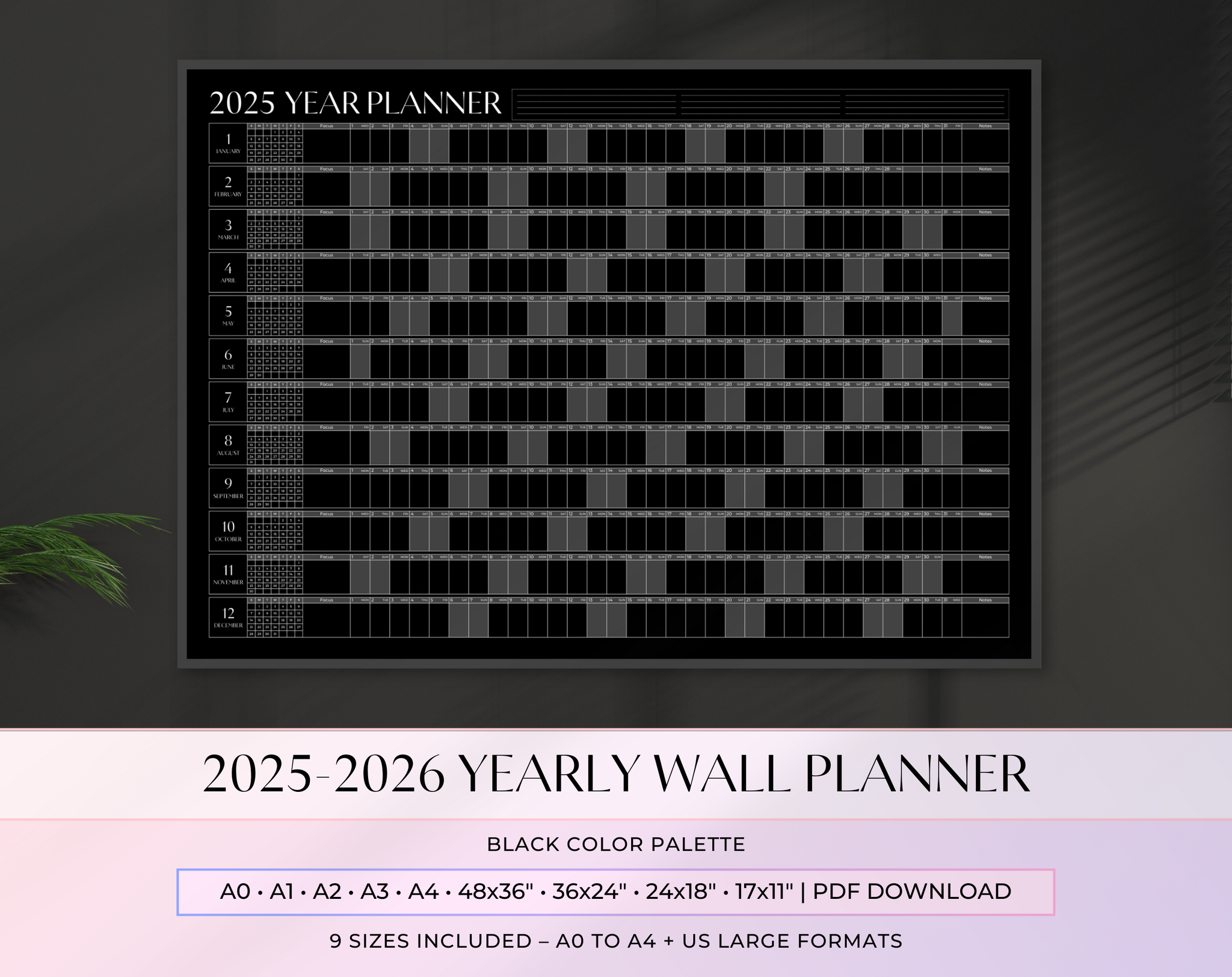 2025-2026 Yearly Wall Planner | Black Minimalist Design | Large Wall Calendar | A0 A1 A2 A3 A4 48x36 36x24 24x18 17x11 | PDF Download
