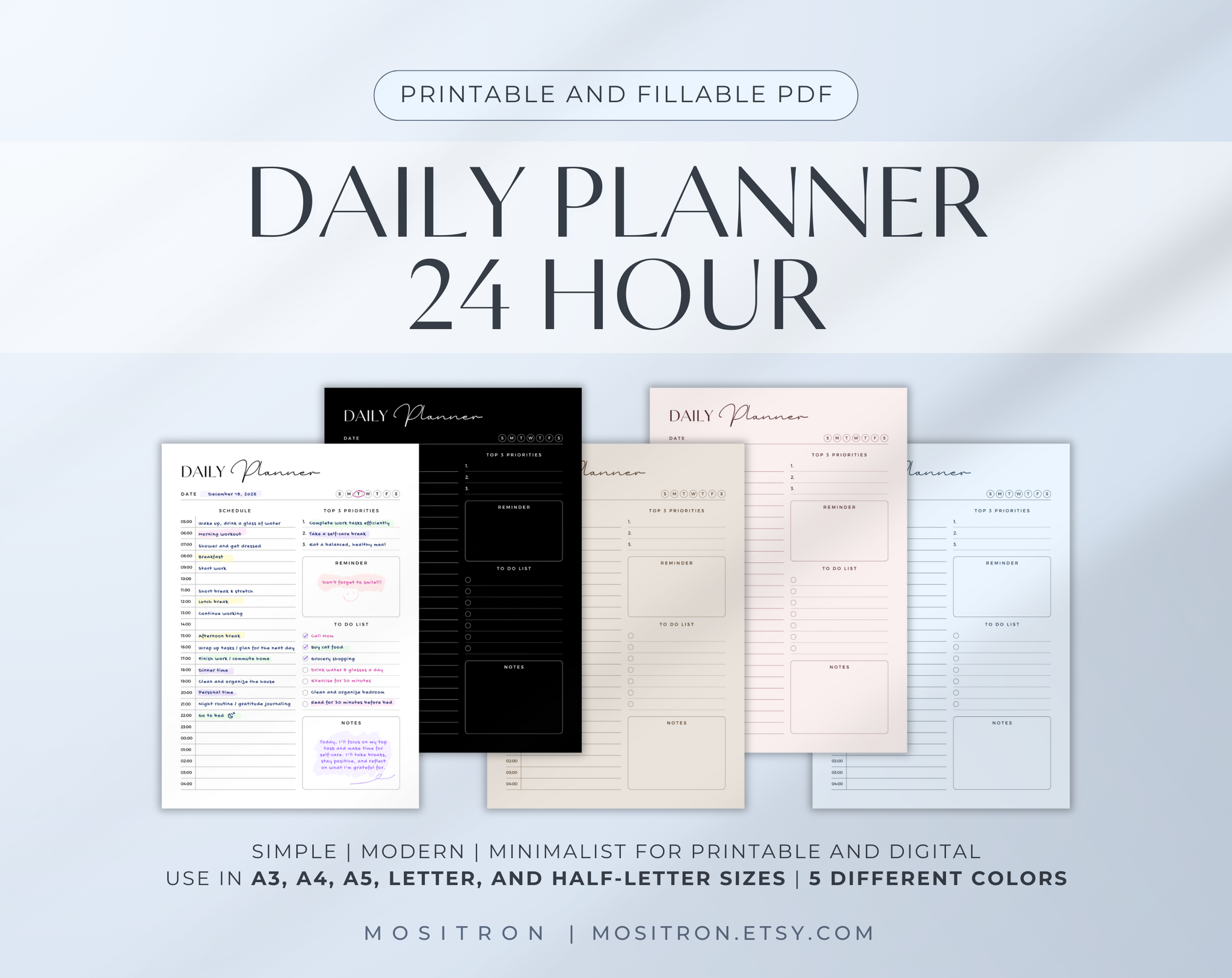 24 Hour Daily Planner, Printable & Fillable PDF, Minimalist Daily Schedule, Personal Planner, A4 A5 Letter Half Letter, Digital Download