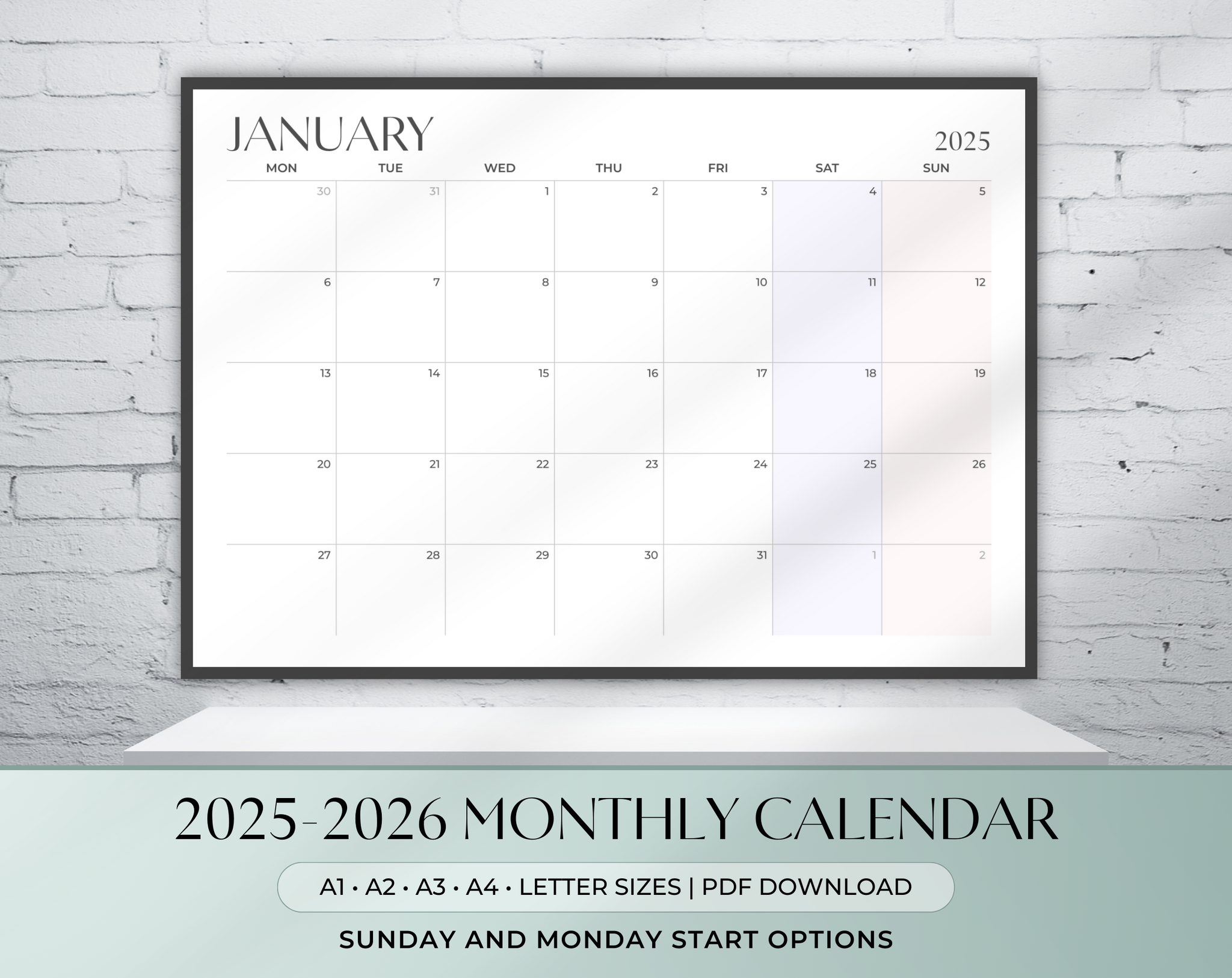 2025-2026 Monthly Wall Calendar Landscape | Printable Horizontal Calendar | A1 A2 A3 A4 Letter | Monday & Sunday Start | Minimalist Pastel