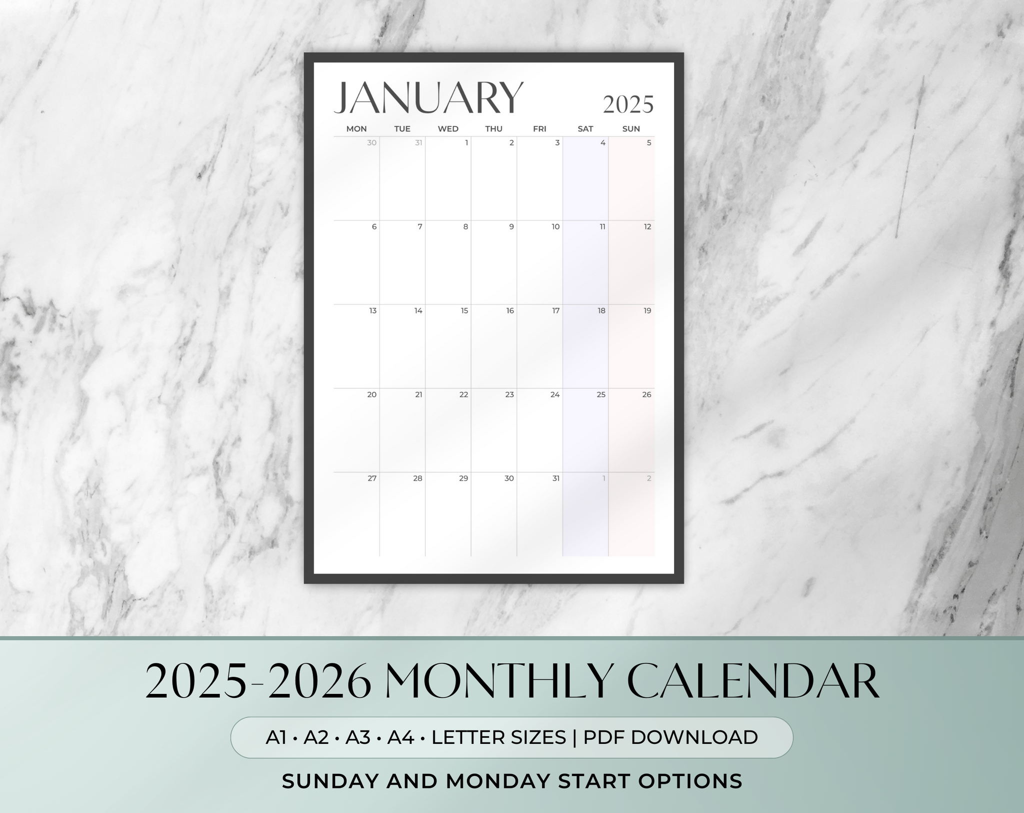 2025-2026 Monthly Wall Calendar | Vertical & Horizontal | Printable Calendar | A1 A2 A3 A4 Letter | Large Wall Calendar | Minimalist Pastel