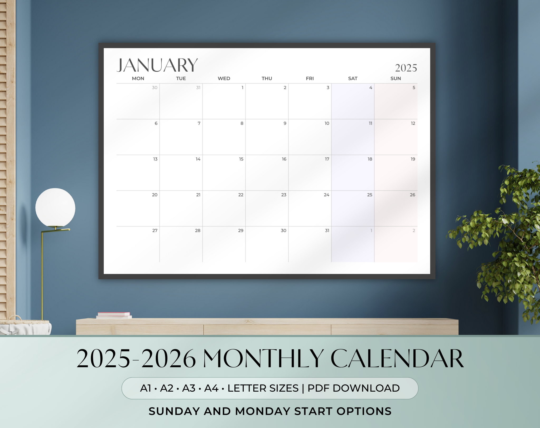 2025-2026 Monthly Wall Calendar Landscape | Printable Horizontal Calendar | A1 A2 A3 A4 Letter | Monday & Sunday Start | Minimalist Pastel