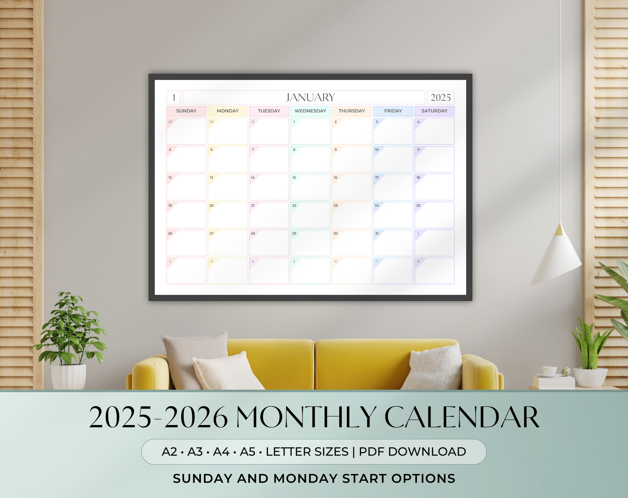 2025-2026 Monthly Wall Calendar Landscape | Pastel Rainbow | Printable Horizontal Planner | A2 A3 A4 A5 Letter | Monday Sunday Start